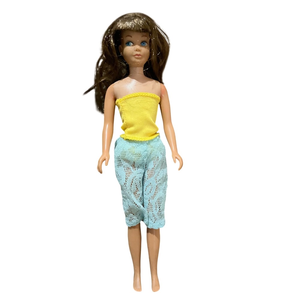 Vintage 1960s Mattel Skipper Doll Brunette Blue Eyes Yellow Top Blue Lace Pants